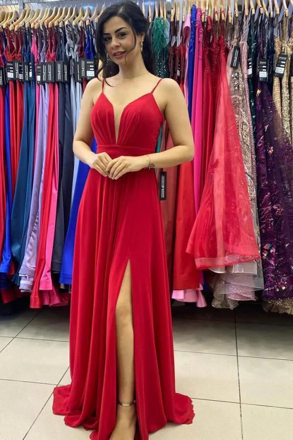 Spaghetti Strap Red Long Prom Dress with Slit Formal Gown - Afbeelding 2