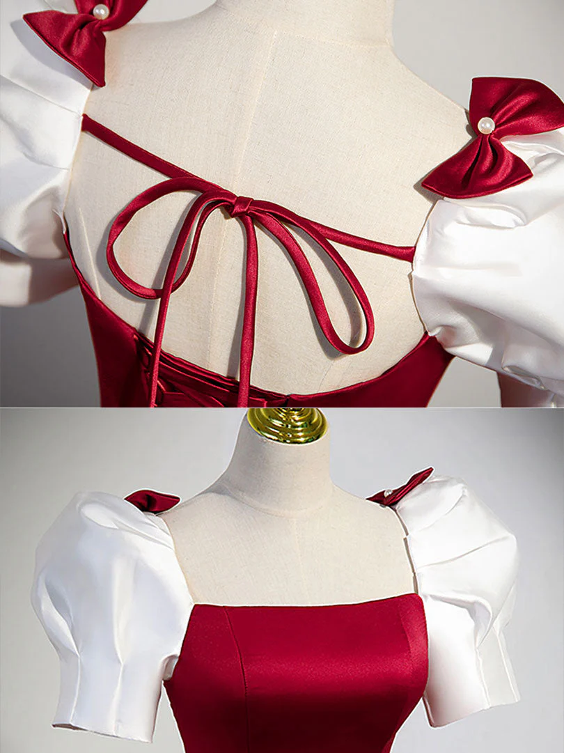 Rode satijnen galajurk met vierkante hals en witte korte mouwen - Afbeelding 5