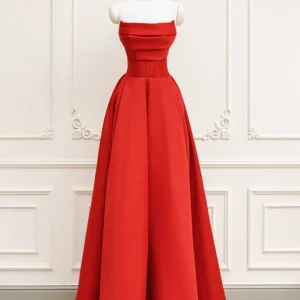 Simple Red Satin Maxi A-line Prom Dress