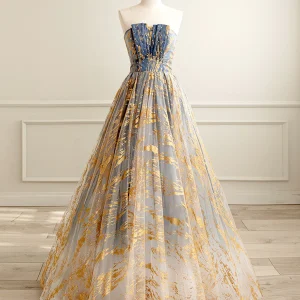 A-lijn Tule goud | Blauwe lange galajurk | Blauwe formele avondjurk