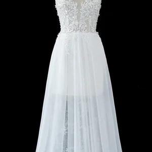 Sheer Tulle A-Line Wedding Dress with Lace Split Straps Elegant Bridal Gown