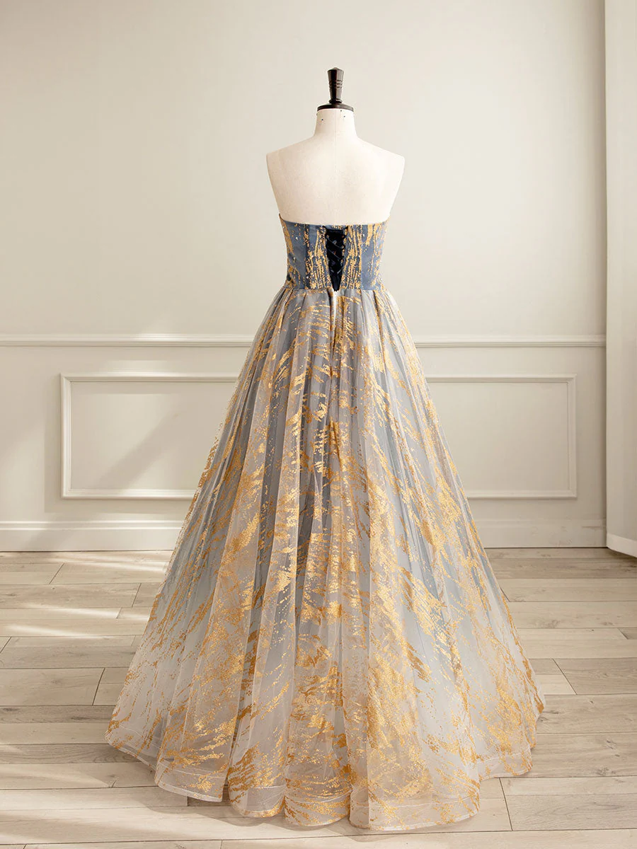 A-lijn Tule goud | Blauwe lange galajurk | Blauwe formele avondjurk - Afbeelding 4