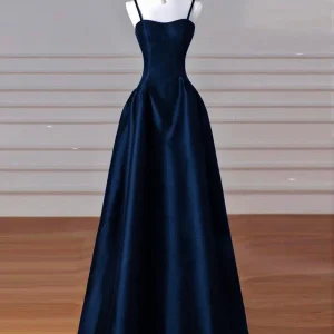 Dark Blue Satin A-Line Long Prom Formal Dress