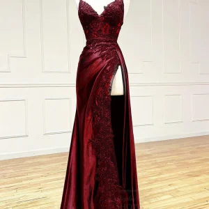Burgundy V Neck Satin Lace Long Prom Evening Dress