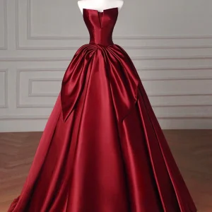 Burgundy Satin A-Line Long Prom Dress for Women Formal Occasions
