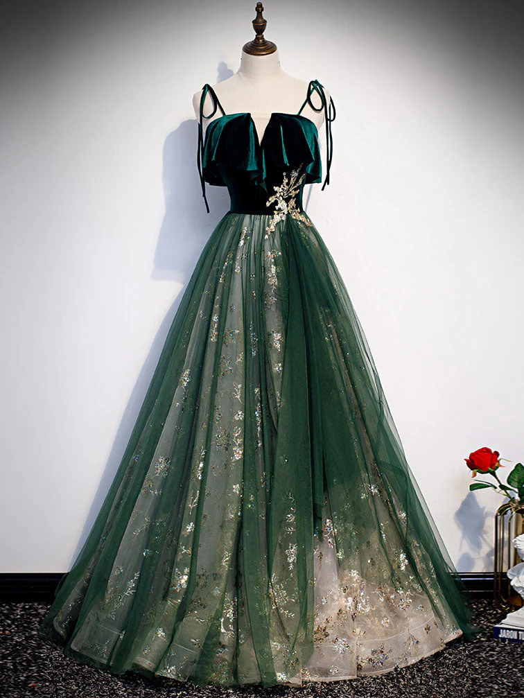 Beautiful Green Tulle Lace Long Prom Dress