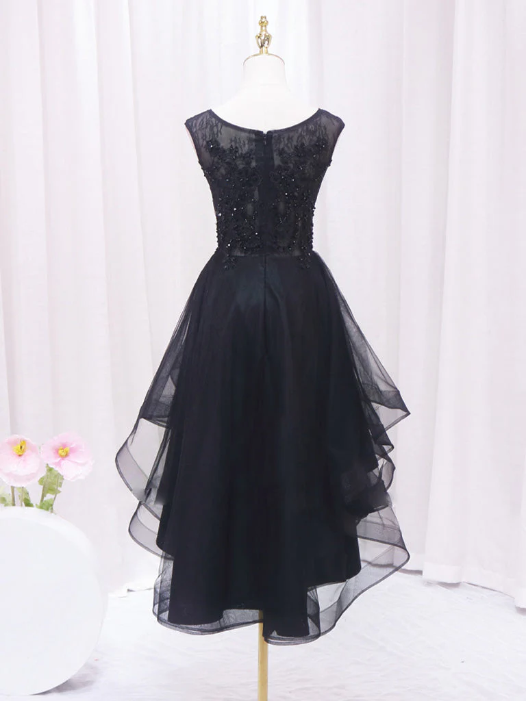 A-Line Lace Tulle Black Short Prom Dress | High Low Black Homecoming Dress - Afbeelding 4