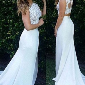 Zeemeermin kant tweedelige trouwjurk met kralen top en sleep