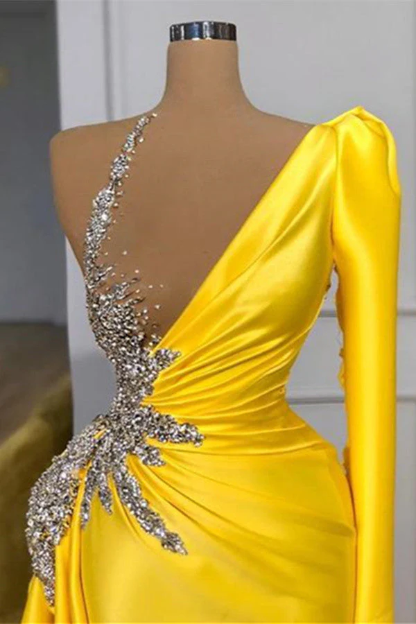 Yellow One-Shoulder Long Sleeve Mermaid Prom Dress with Crystal Detail - Afbeelding 3