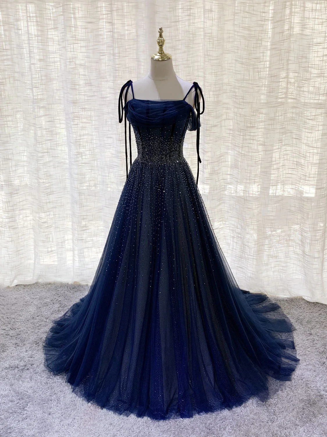 Stunning Dark Blue Tulle Sequin Long Prom Formal Evening Dress - Afbeelding 5