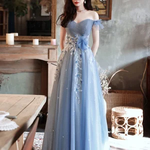 Blue Off Shoulder Tulle Long Prom Dress with Beading Details
