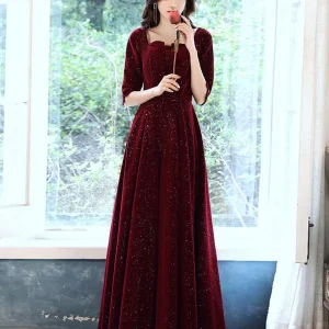 Burgundy Velvet Long Prom Dress
