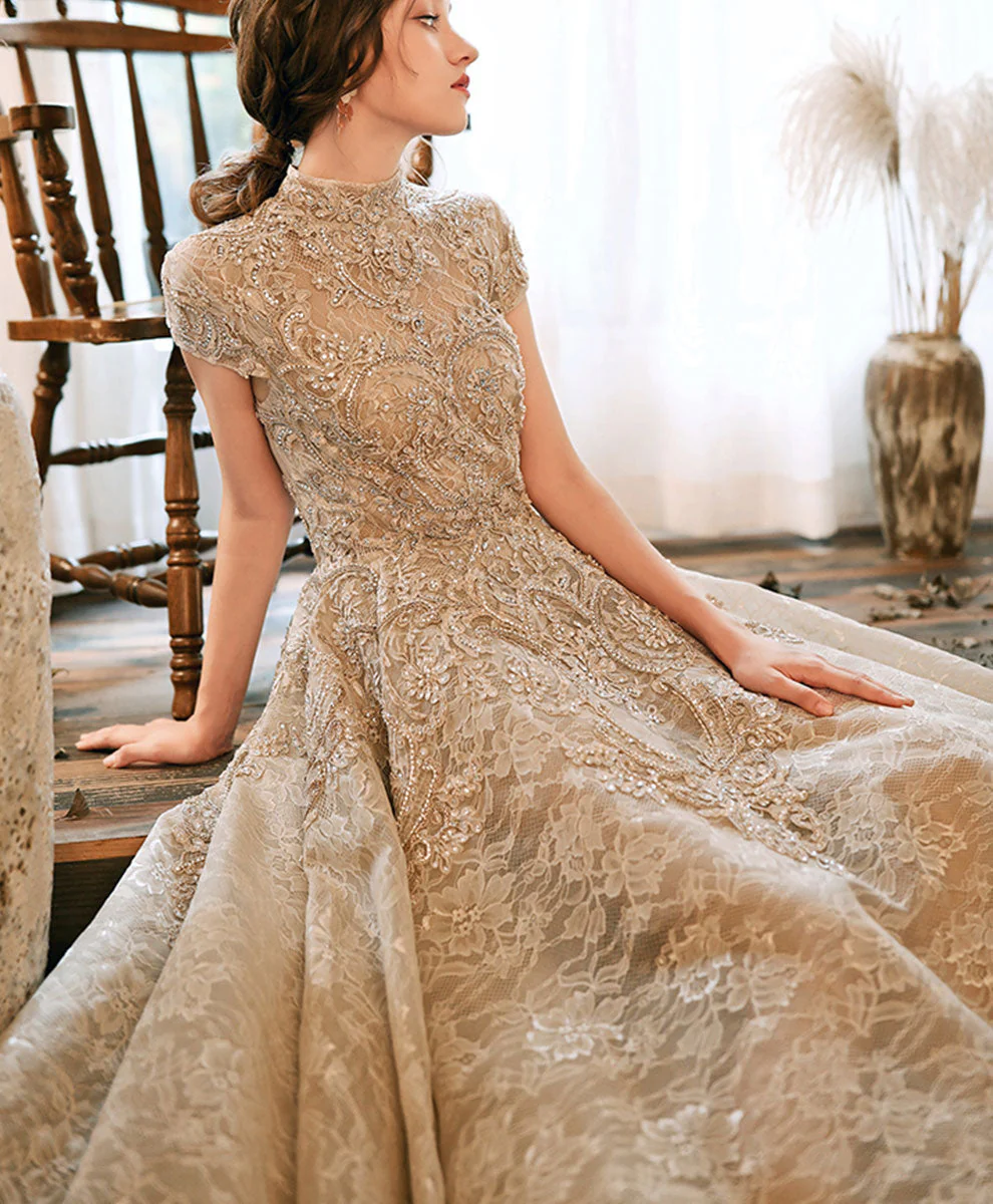 Champagne High Neck Lace Formal Prom Dress - Afbeelding 5