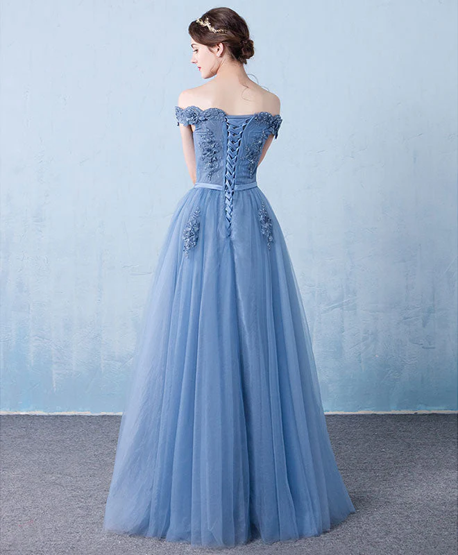 Blue Tulle Lace Off Shoulder Long Prom Bridesmaid Evening Dress - Afbeelding 6