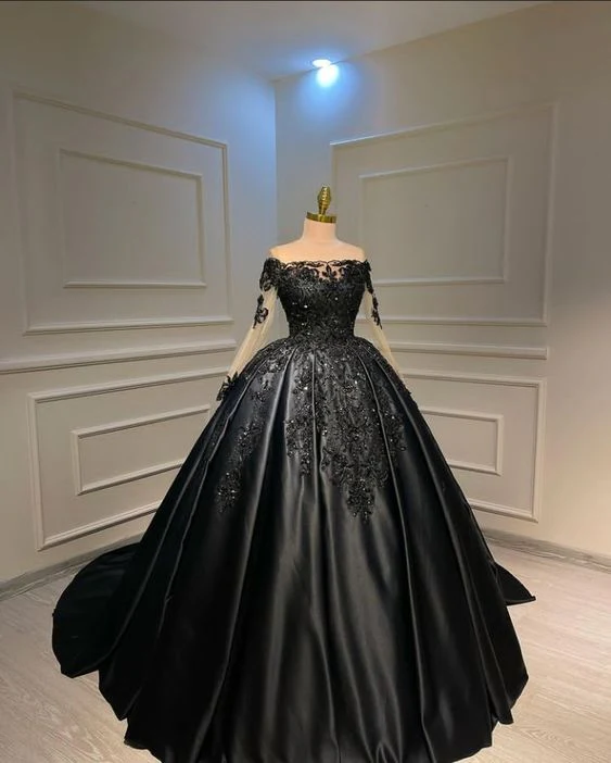 Black Off Shoulders Ball Gown Satin Long-Sleeve Prom Dress with Slit