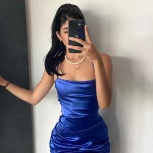 Blue Cocktail Party Dress Sleeveless Satin Zipper Back Fashionable