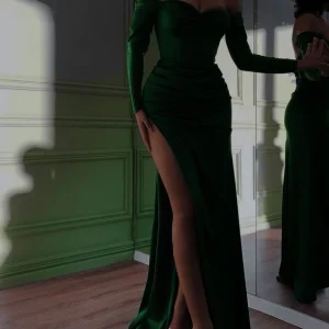 Green Off Shoulder Simple Evening Prom Dress Long Satin Gown