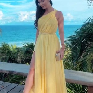 Yellow One Shoulder Long Prom Evening Dresses Sexy Unique Formal Gowns