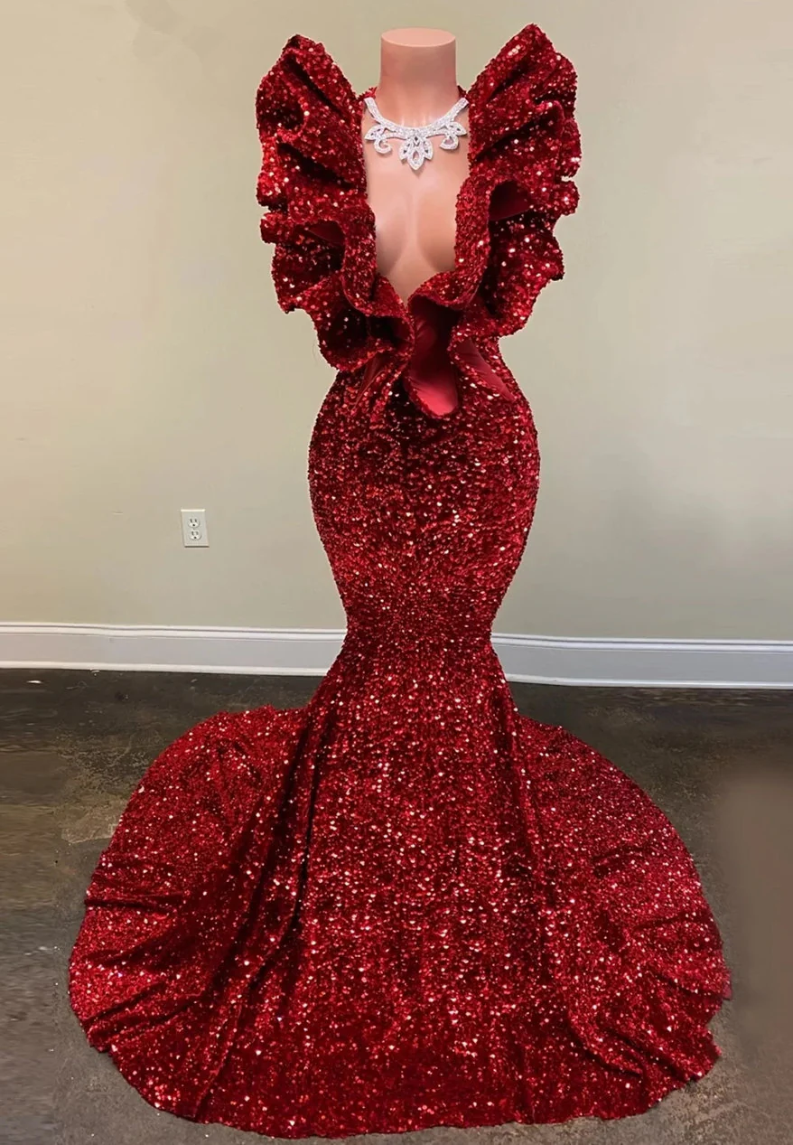 Shiny Sequins Burgundy Mermaid Prom Dress: Elegant V-Neck Sleeveless Floor-Length Gown - Afbeelding 3