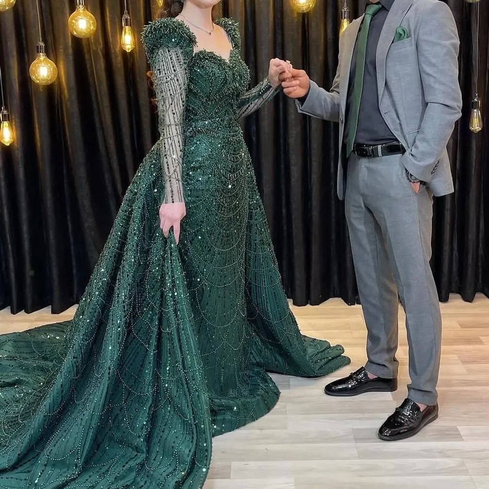 Elegant Glitter Green Mermaid Long Sleeve Prom Dress - Afbeelding 6