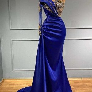 Dark Blue One-Shoulder Long-Sleeve Mermaid Prom Gown with Beads