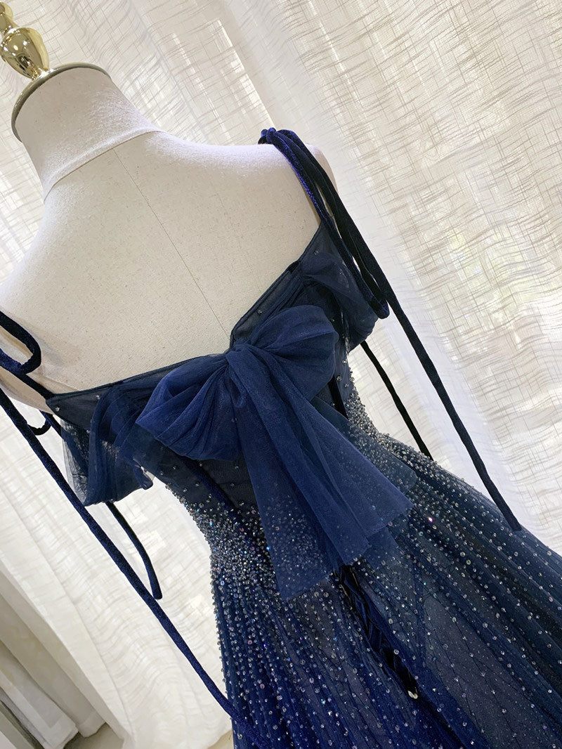 Stunning Dark Blue Tulle Sequin Long Prom Formal Evening Dress - Afbeelding 6