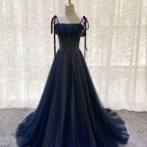 Stunning Dark Blue Tulle Sequin Long Prom Formal Evening Dress