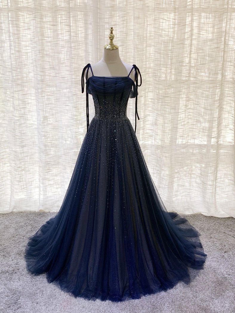 Stunning Dark Blue Tulle Sequin Long Prom Formal Evening Dress