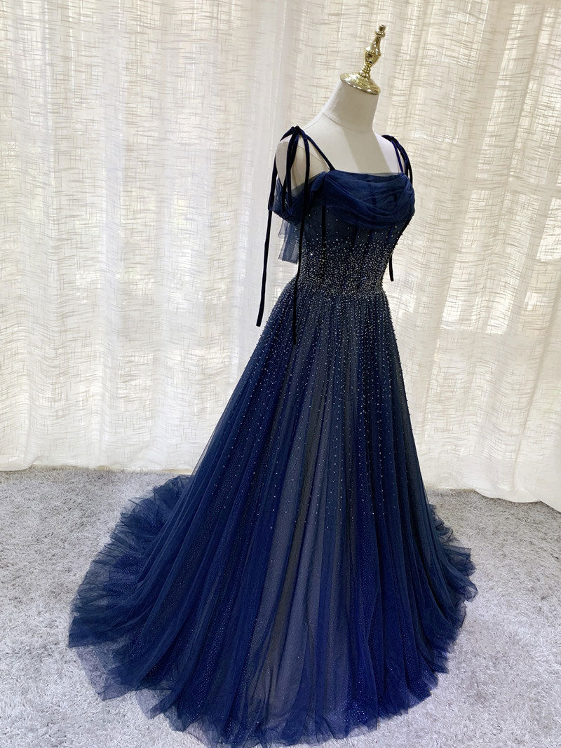Stunning Dark Blue Tulle Sequin Long Prom Formal Evening Dress - Afbeelding 4
