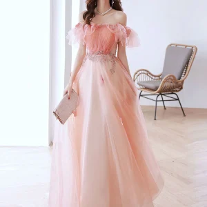 Perzikroze off-the-shoulder A-lijn maxi lange galajurk