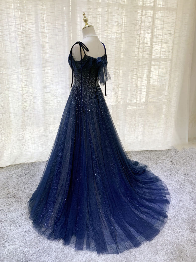 Stunning Dark Blue Tulle Sequin Long Prom Formal Evening Dress - Afbeelding 7