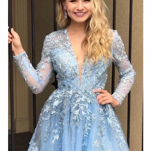 Charming Long Sleeves V-Neck Floral Lace Knee-Length Party Dress for Homecoming