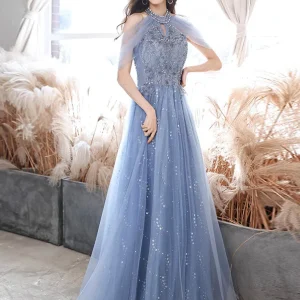 Dusty Blue Halter Neck Off The Shoulder Lace Top Evening Dress