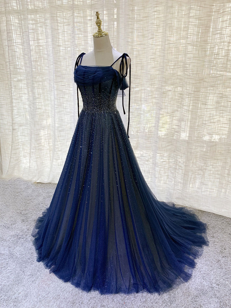 Stunning Dark Blue Tulle Sequin Long Prom Formal Evening Dress - Afbeelding 3