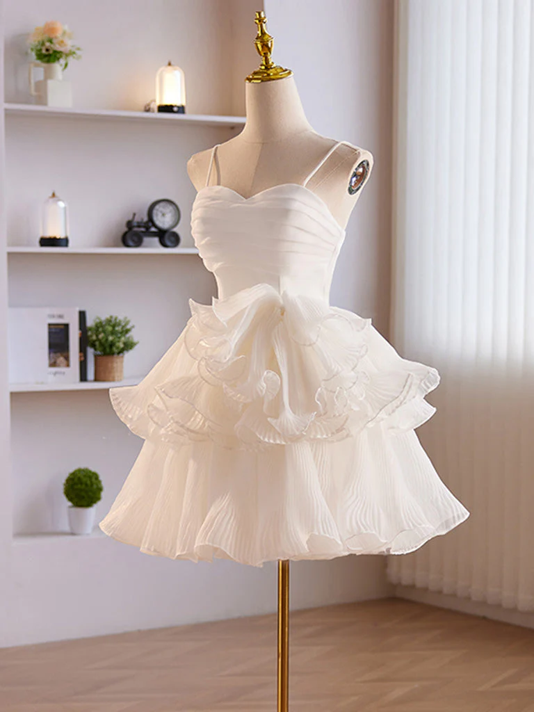 Adorable Spaghetti Strap Organza Tiered Short White Homecoming Dress Formal Dress - Afbeelding 5