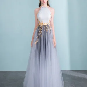 Stunning Gray Gradient Halter Neck Tulle Evening Dress