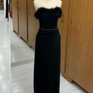 Black Strapless Feathered Sequined Mermaid Prom Dress Long Evening Gown