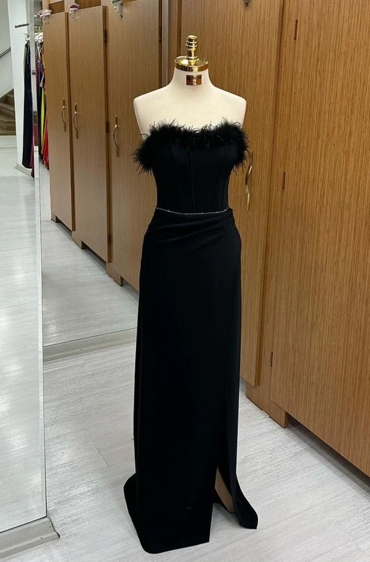Black Strapless Feathered Sequined Mermaid Prom Dress Long Evening Gown