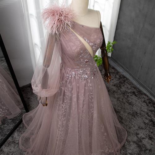 Elegant Extreme Pink One Shoulder Feather Evening Dress - Afbeelding 5