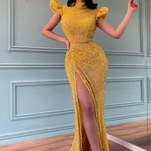 Sparkling Yellow High Neck Beaded Mermaid Prom Dress with Elegant Slit Design