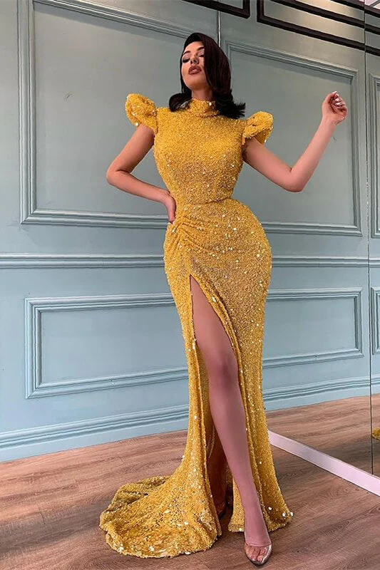 Sparkling Yellow High Neck Beaded Mermaid Prom Dress with Elegant Slit Design - Afbeelding 2
