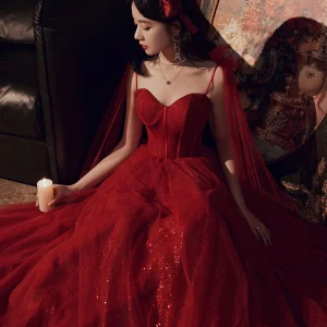 Burgundy Tulle Long Prom Dress Formal Gown