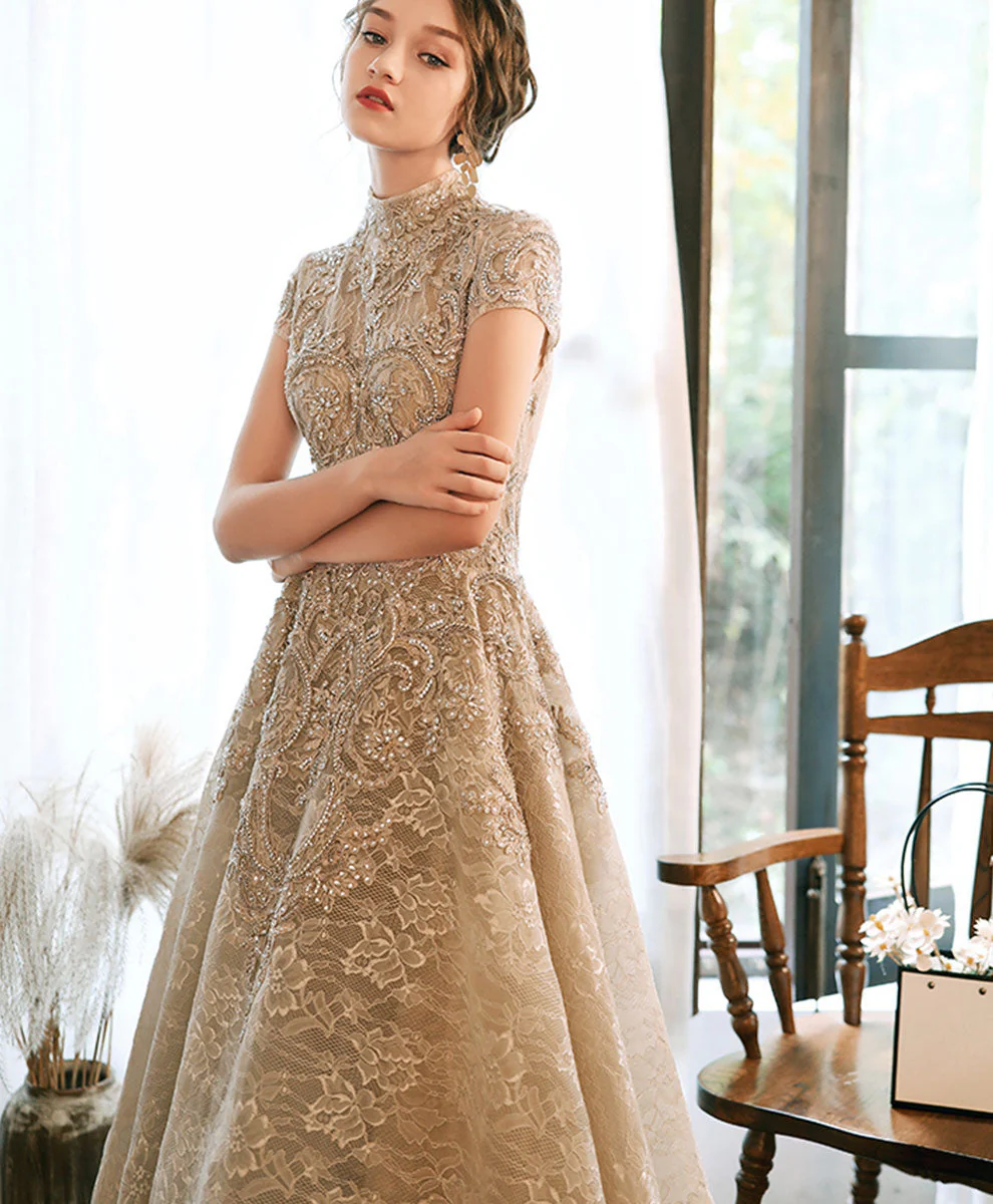 Champagne High Neck Lace Formal Prom Dress - Afbeelding 6