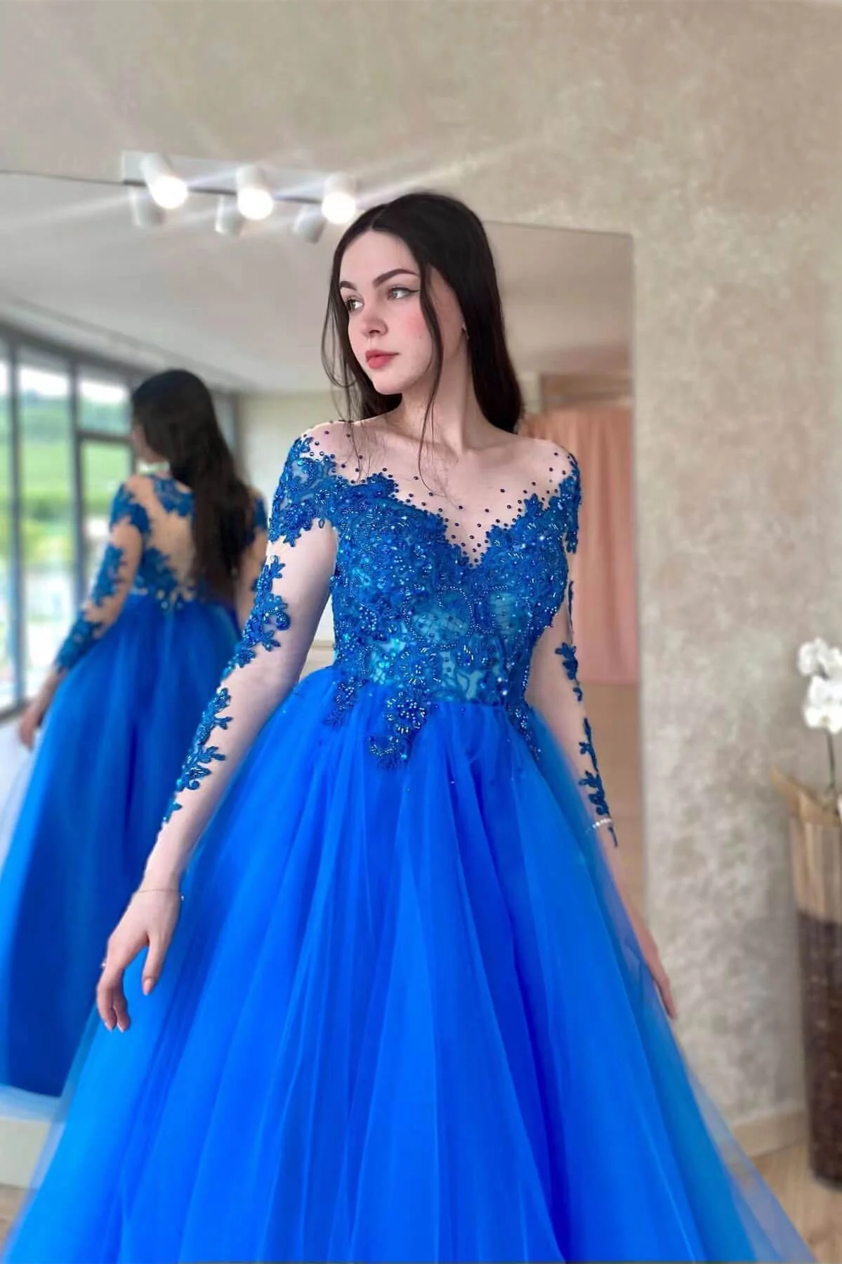 Amazing Royal Blue Long Sleeve Tulle Prom Dress Evening Gown - Afbeelding 3