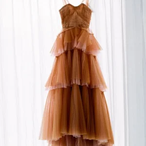 Brown Tulle Long Prom Evening Dress