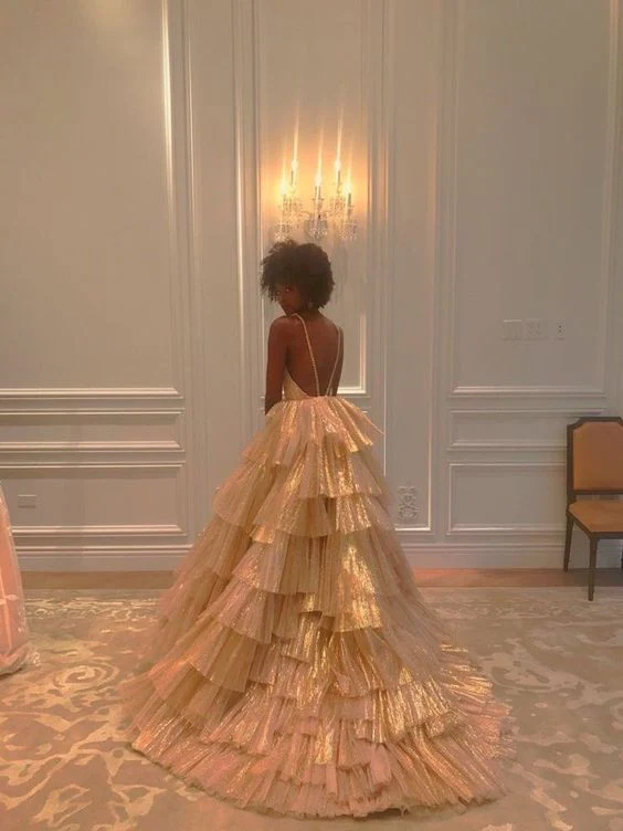 Ball Gown Unique Prom Dress Tiered Skirt Formal Evening Wear - Afbeelding 5