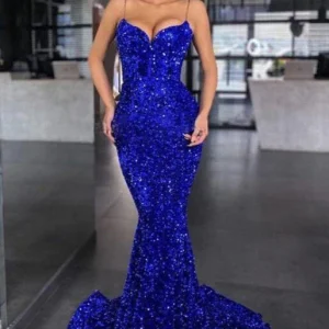 Sparkling Royal Blue Mermaid Prom Dress with Spaghetti Straps and Sequins