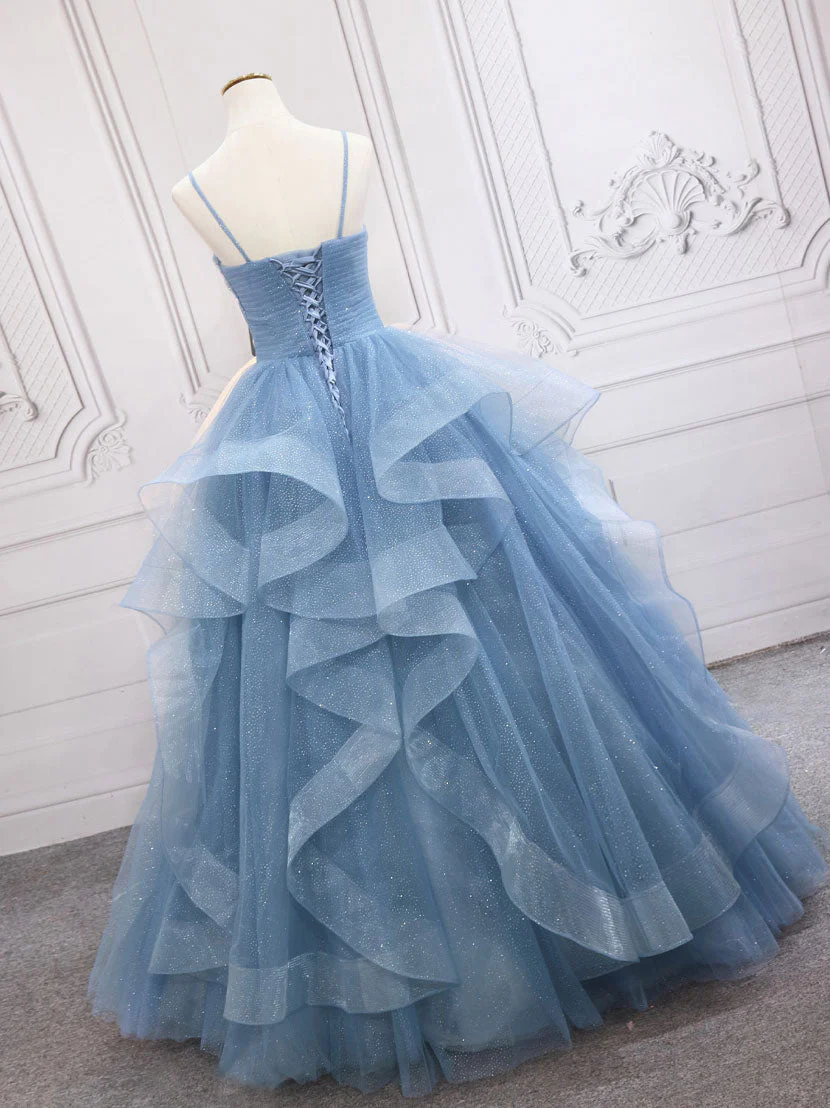 Blue Tulle Long Prom Dresses Beautiful Sweet 16 Floor Length Gowns - Afbeelding 3