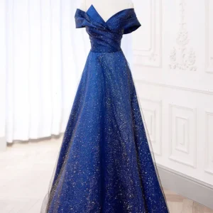 Dark Blue Simple Tulle Satin Long Prom Evening Dress