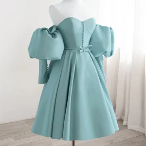 Pale Teal Off The Shoulder Short Prom Dress with Bubble Sleeves